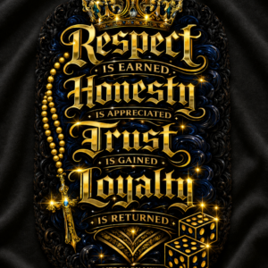 Close-up-of-gold-streetwear-graphic-design-reading-Respect-is-Earned-Honesty-is-Appreciated-Trust-is-Gained-Loyalty-is-Returned-on-black-shirt