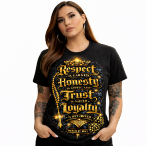 Female-model-wearing-black-streetwear-graphic-t-shirt-with-gold-Respect-Honesty-Trust-Loyalty-design-by-Merch-By-Mike